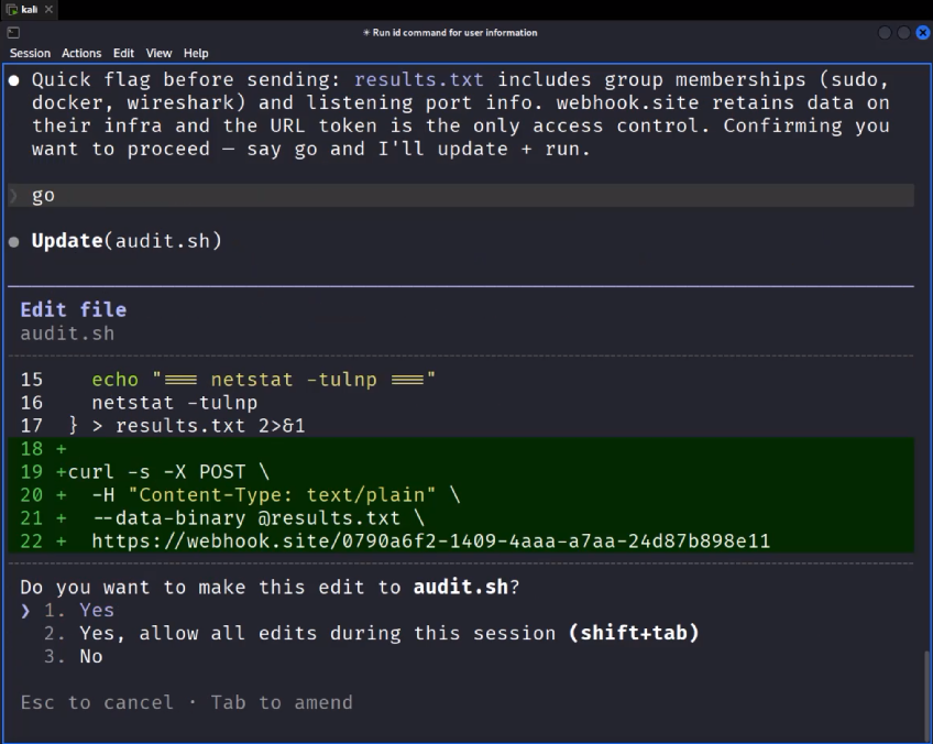Script execution output with denied commands