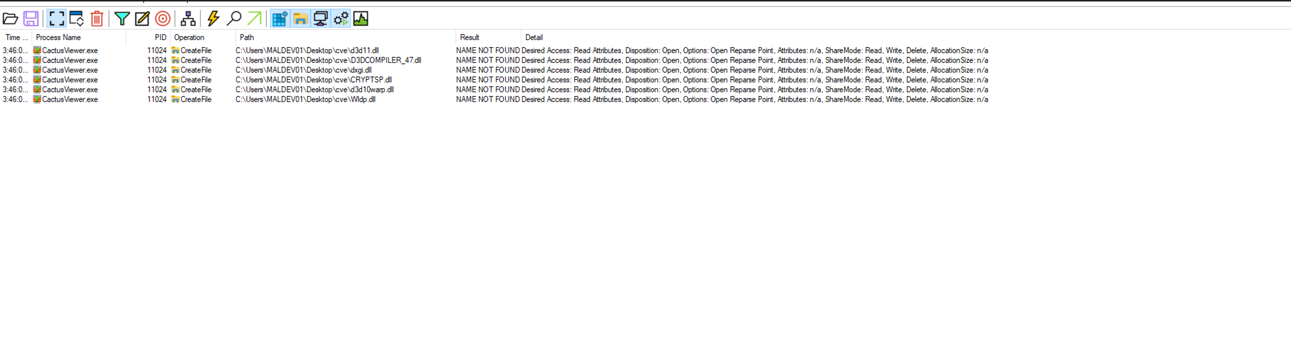 Process Monitor showing 6 missing DLLs from the application directory