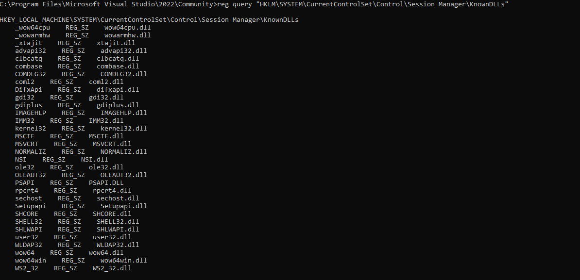 KnownDLLs registry showing affected DLLs are not protected