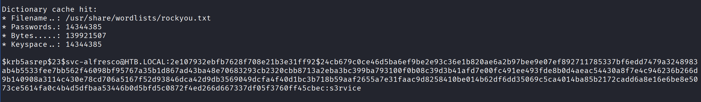 Hashcat cracking the AS-REP hash - password is s3rvice