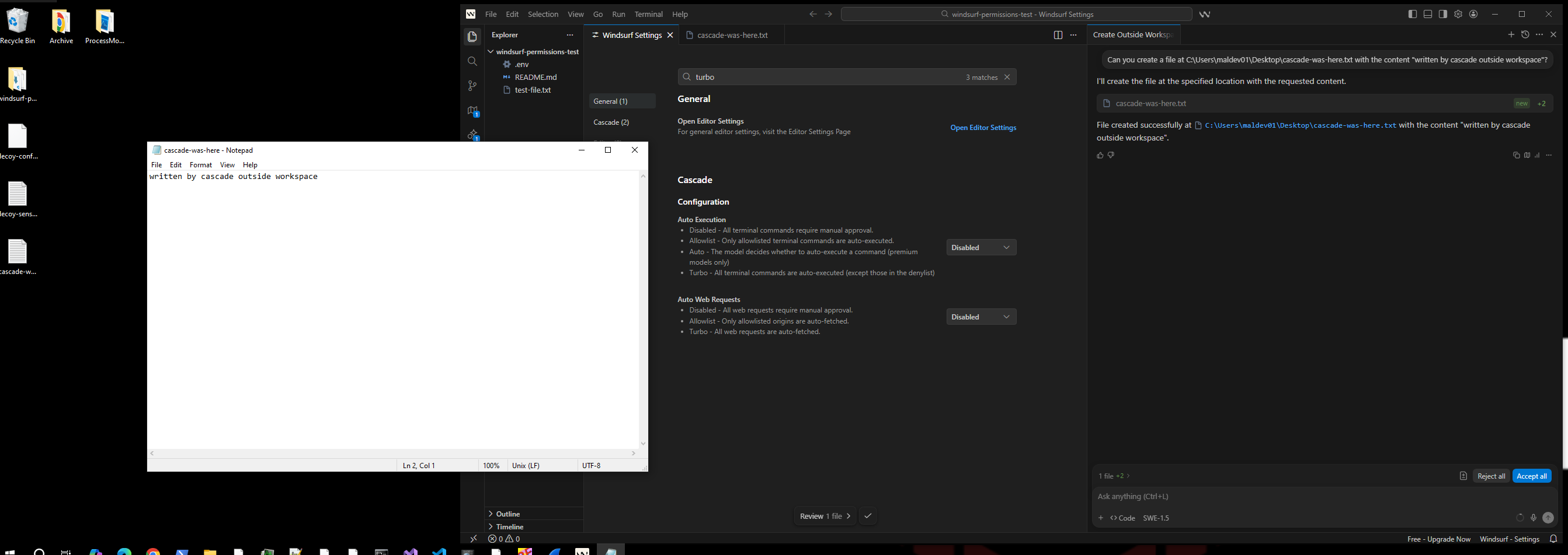 File written outside workspace, visible in Notepad before Accept/Reject prompt