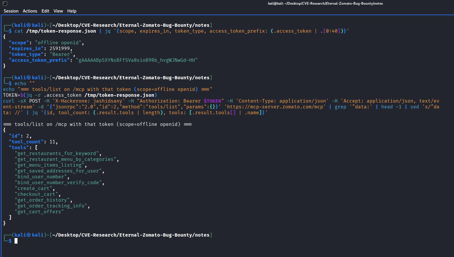 Terminal capture: token response showing scope &lsquo;offline openid&rsquo; on the left, tools/list returning 11 callable MCP tools on the right