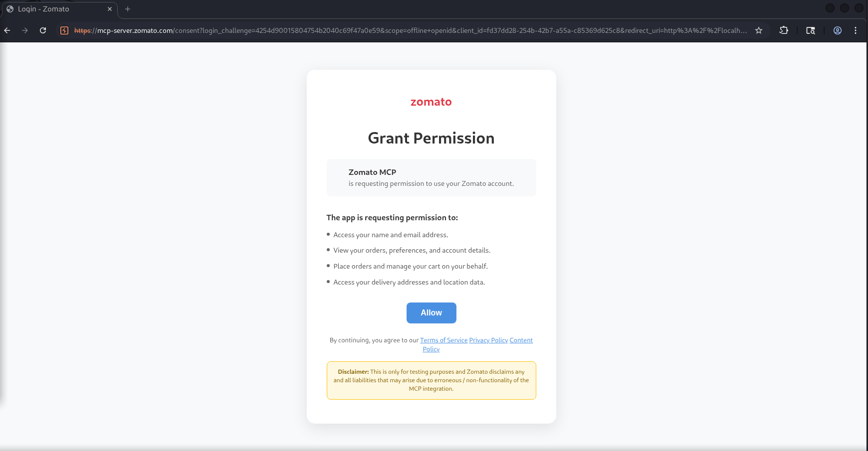 Zomato MCP consent screen listing four capabilities including &lsquo;Place orders and manage your cart on your behalf&rsquo;, next to a URL bar showing scope=offline+openid