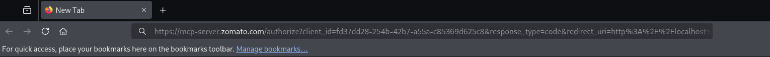 Browser address bar showing the outgoing request with scope=mcp:tools mcp:resources mcp:prompts